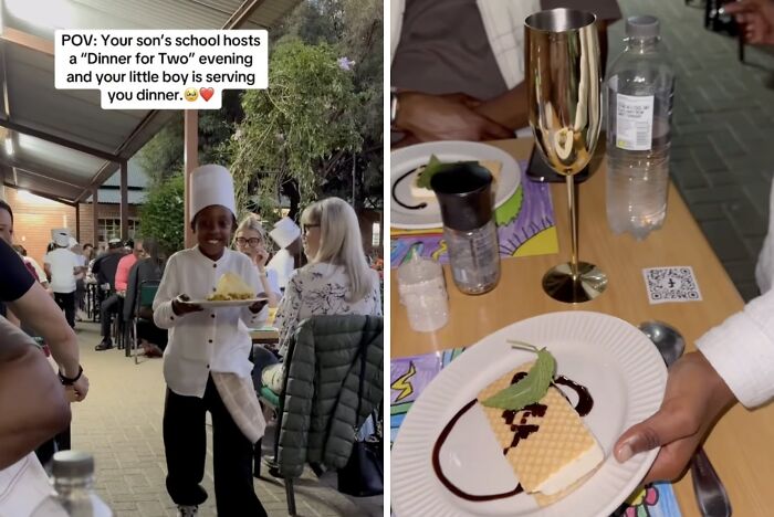 Young boy serving food in chef hat, capturing wholesome moments.