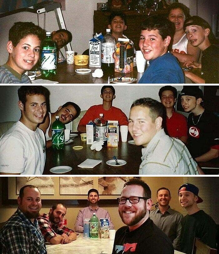 Three photo progression of a group of friends aging together, showcasing wholesome moments
