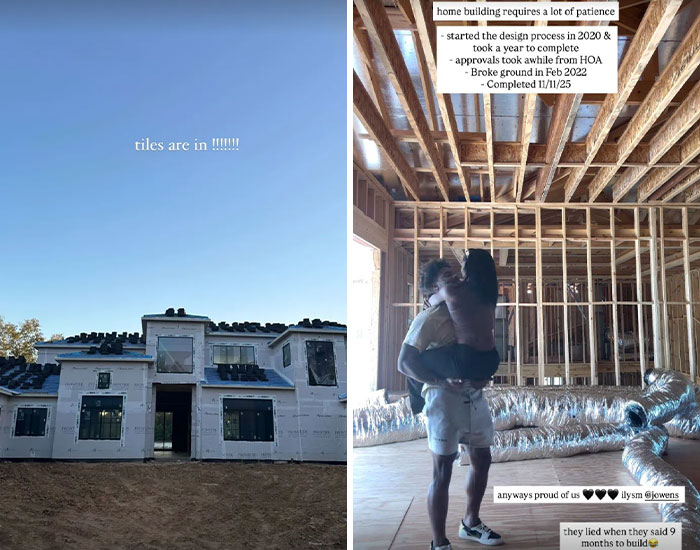 Side-by-side photos of Simone Biles and Jonathan Owens during the construction of their Texas home.