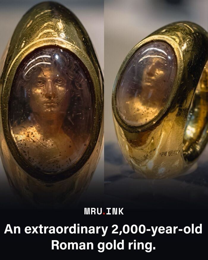 Close-up of an ancient 2000-year-old Roman gold ring with a portrait gem, presenting fascinating photos and facts.