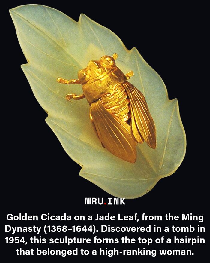 Detailed Golden Cicada sculpture on a jade leaf from the Ming Dynasty, showcasing strange historical artifacts.