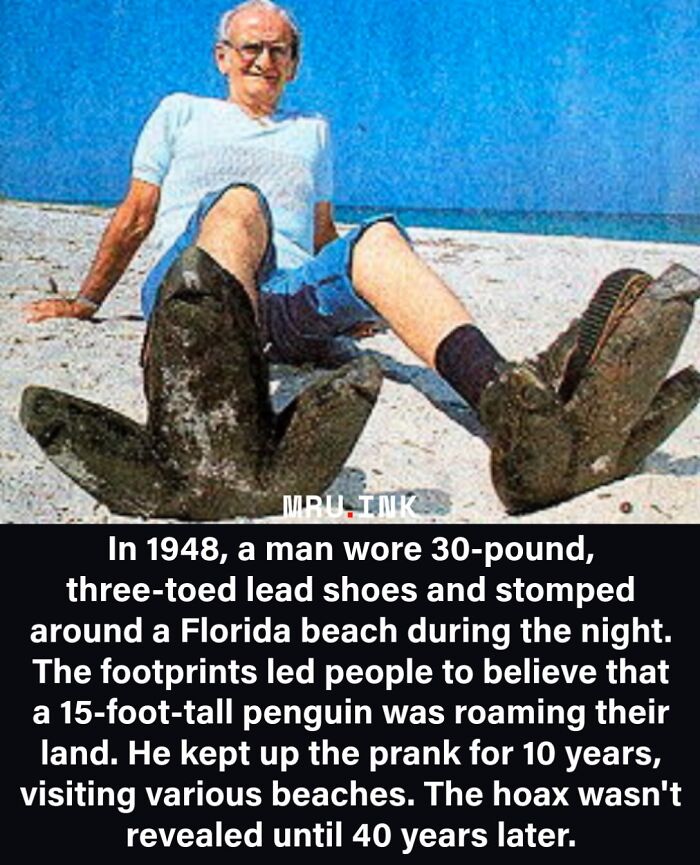 Man wearing large three-toed lead shoes used for a giant penguin prank, proving how strange the world can be.