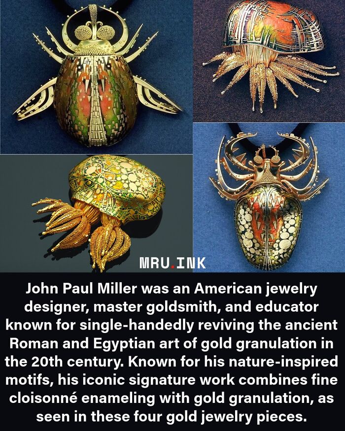Detailed gold jewelry pieces by John Paul Miller, an example of fascinating photos and facts in art history.