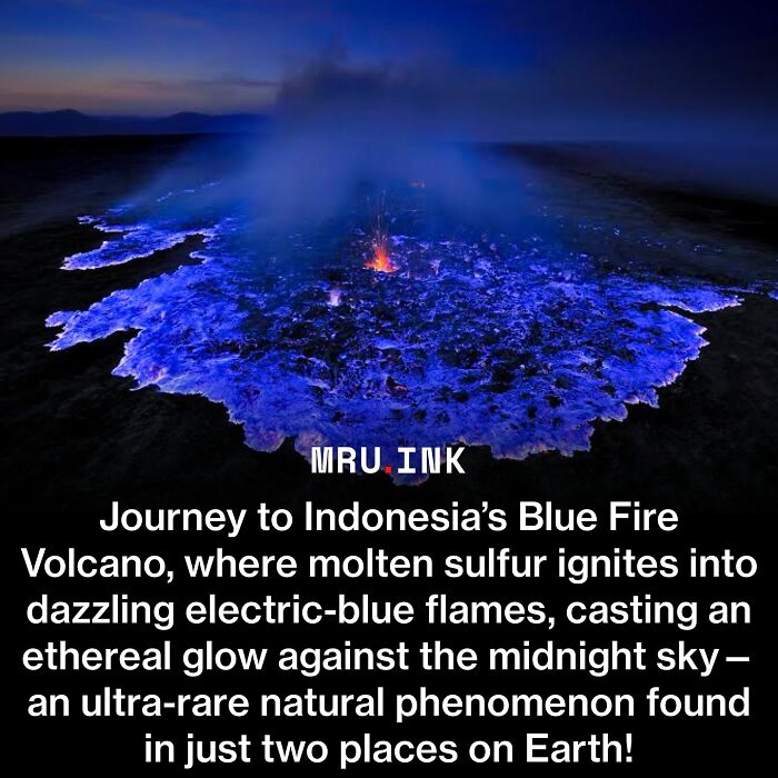 Electric blue flames glowing from an Indonesian volcano, offering fascinating photos and facts about nature.
