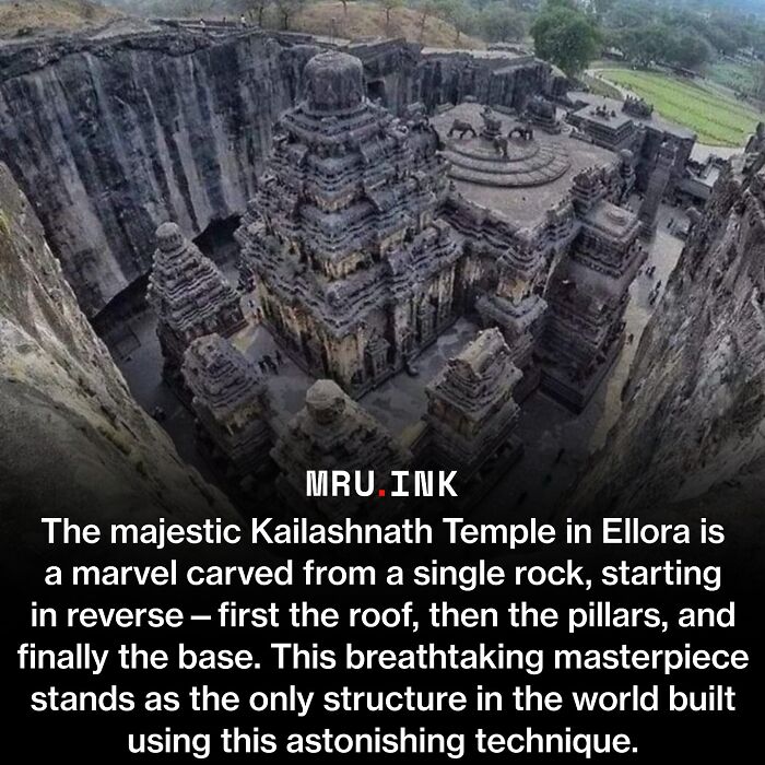 Aerial view of Kailashnath Temple carved from rock, one of many fascinating facts