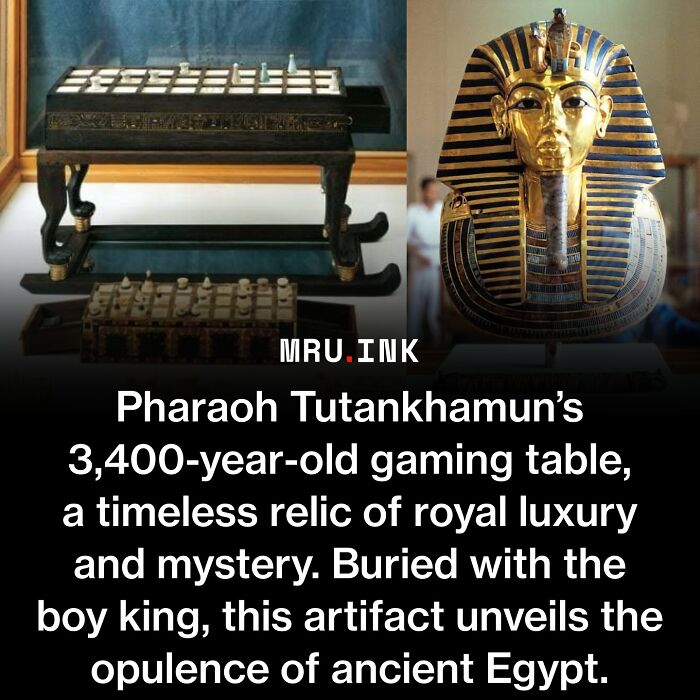 Ancient Egyptian gaming table of Pharaoh Tutankhamun alongside his gold mask, revealing fascinating photos of history.
