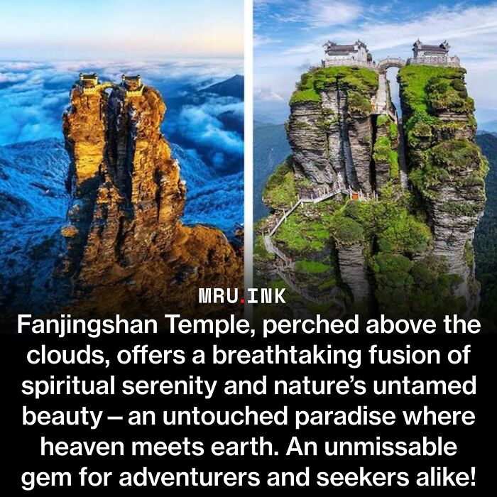 Fanjingshan Temple perched atop mountain peaks, featured in fascinating photos and facts about unique locations.