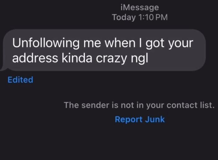 Awkward text screenshot of a threatening message after being unfollowed from an unknown sender.