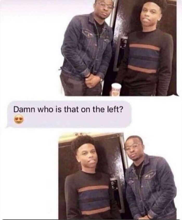 Awkward text screenshot showing a photo sent back with switched positions after asking who is on the left.