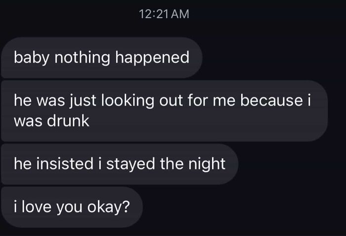 Text screenshots showing an awkward relationship conversation about staying the night at someone else's place.