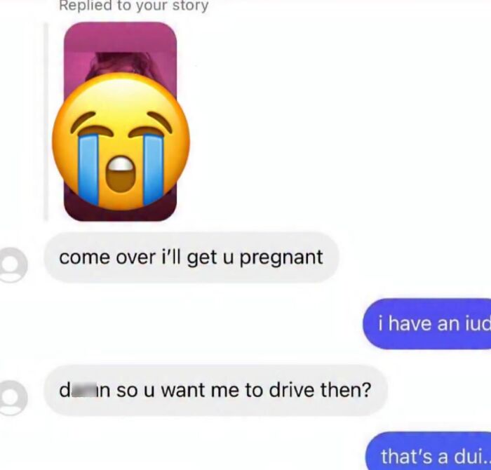 Awkward text screenshots of a bizarre flirtation exchange mentioning an IUD and driving.