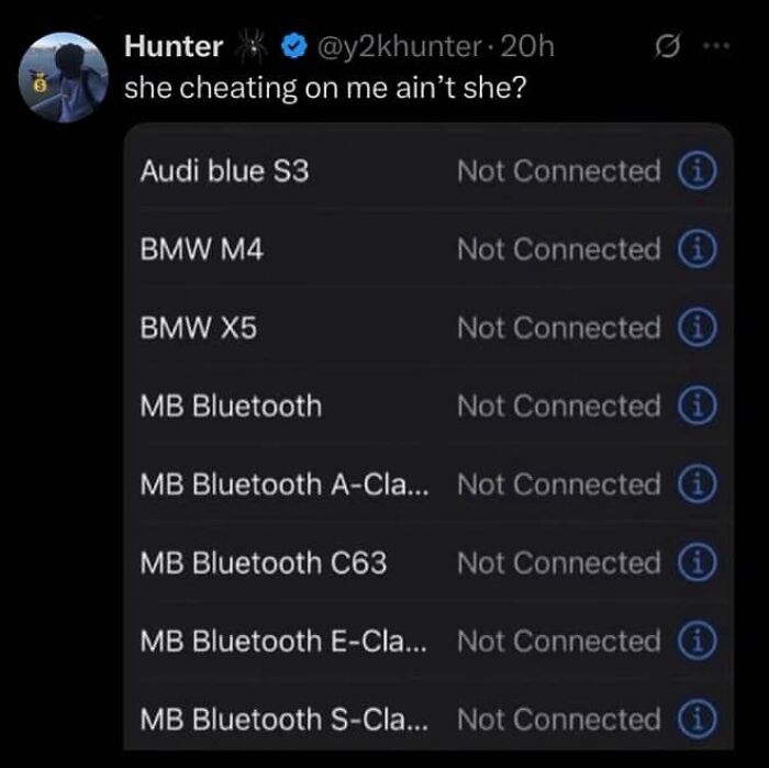 Text screenshots showing a suspicious Bluetooth device list as an awkward relationship discovery.