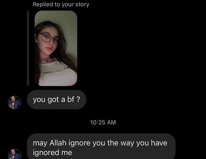 Awkward text screenshots of an ignored story reply leading to a dramatic follow-up message