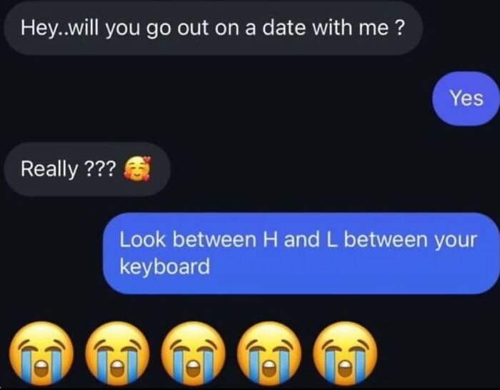 An awkward text screenshots conversation where a date invitation turns into a keyboard joke with crying emojis.