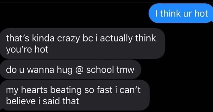 Awkward text screenshots of a crush confession leading to an overly eager response about hugging at school.