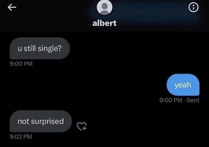 Awkward text screenshot of a person being insulted after confirming they are single