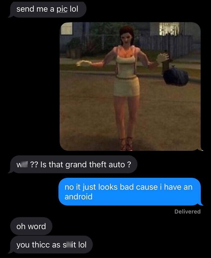 Funny text screenshots showing a low-res Grand Theft Auto character sent instead of a personal picture.