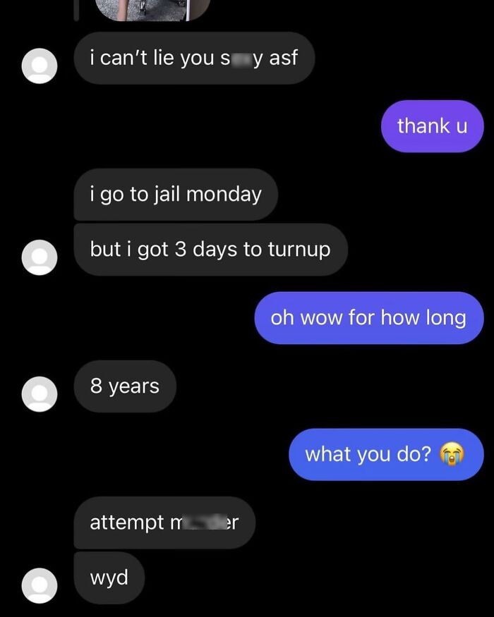 Awkward text screenshot of a casual conversation where someone casually reveals they are going to jail for 8 years.