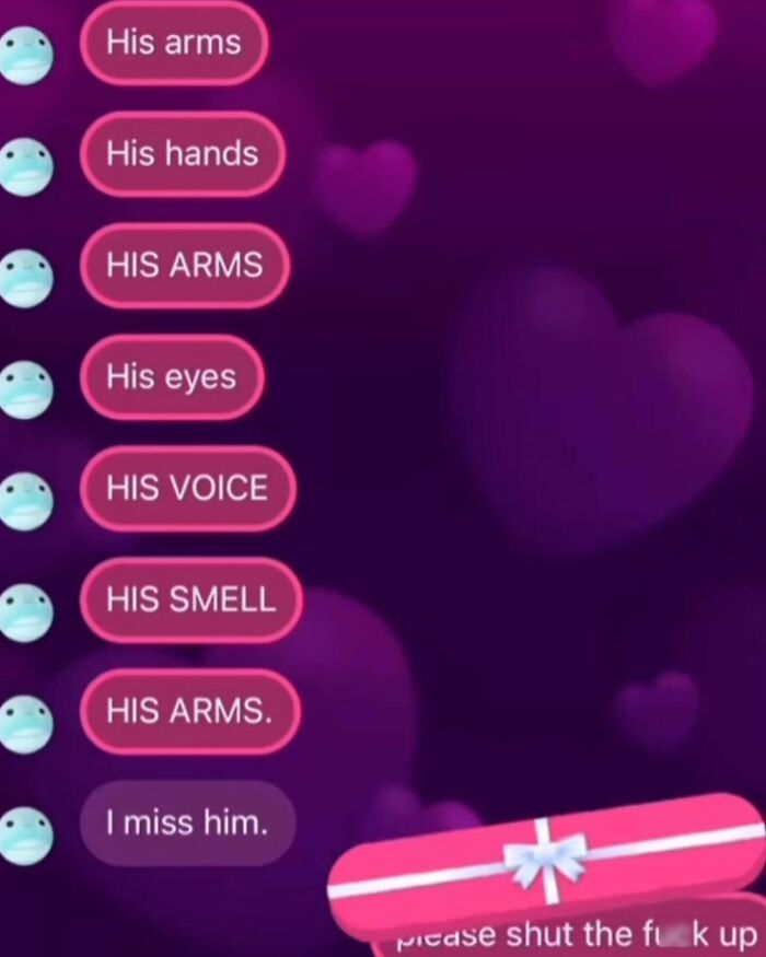 Awkward text screenshot of someone listing affectionate traits on a pink heart background and receiving a rude reply.