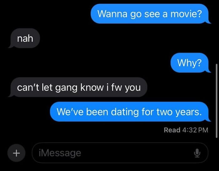 Awkward text screenshot showing a breakup conversation after two years of dating