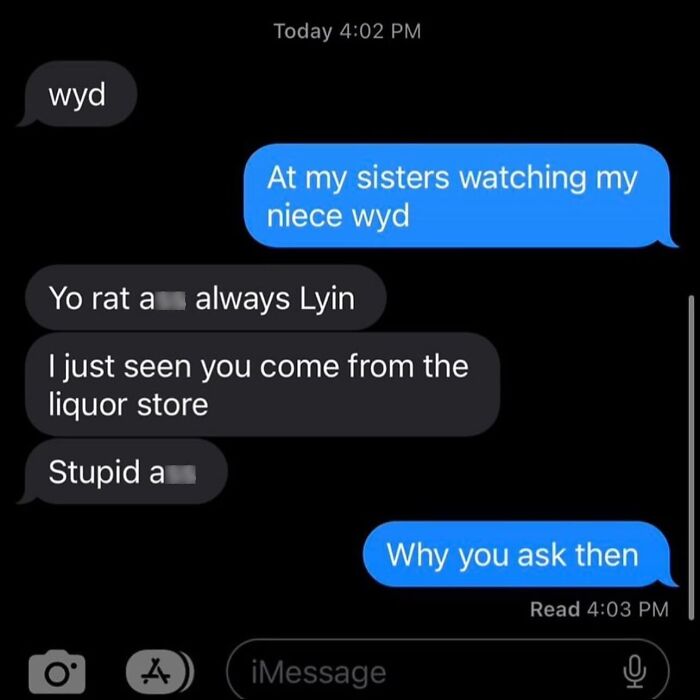 Awkward text screenshot catching someone lying about their location after asking what they were doing