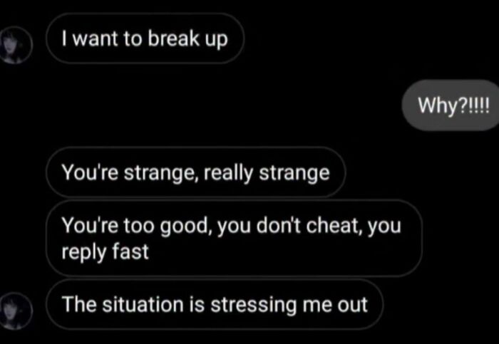 Awkward text screenshot of someone breaking up because their partner is too good