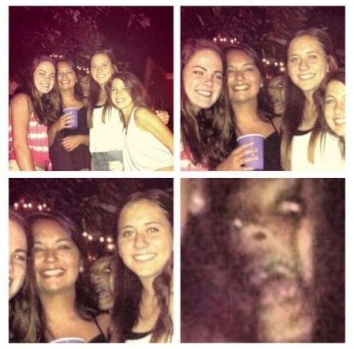 Four real-life photos showing friends together with an eerie background face resembling a horror movie scene.
