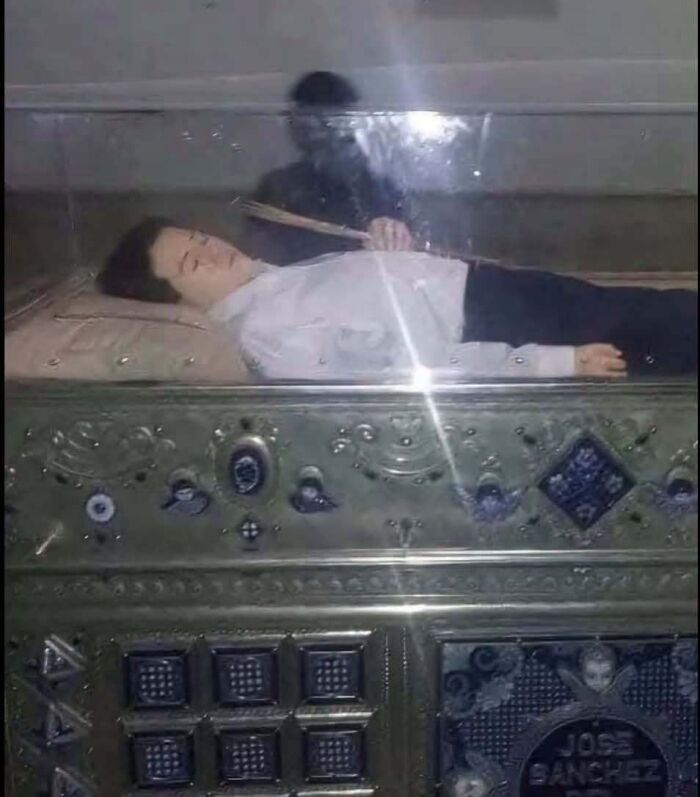A glass display case with a corpse-like figure creating a scary scene resembling a horror movie.