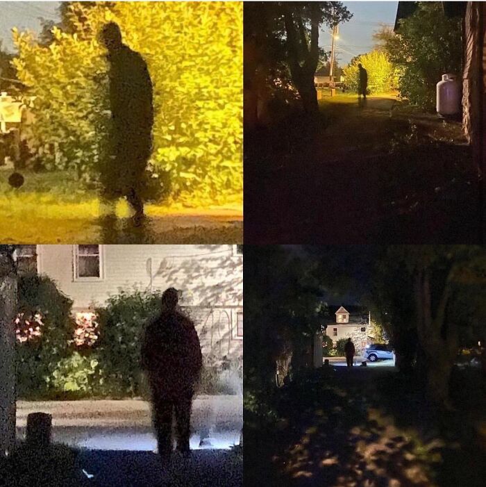 A shadowy figure standing outside at night captured in four eerie real-life photos