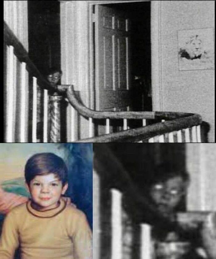 An eerie ghostly figure of a child looking over a staircase, from real-life photos like a horror movie.
