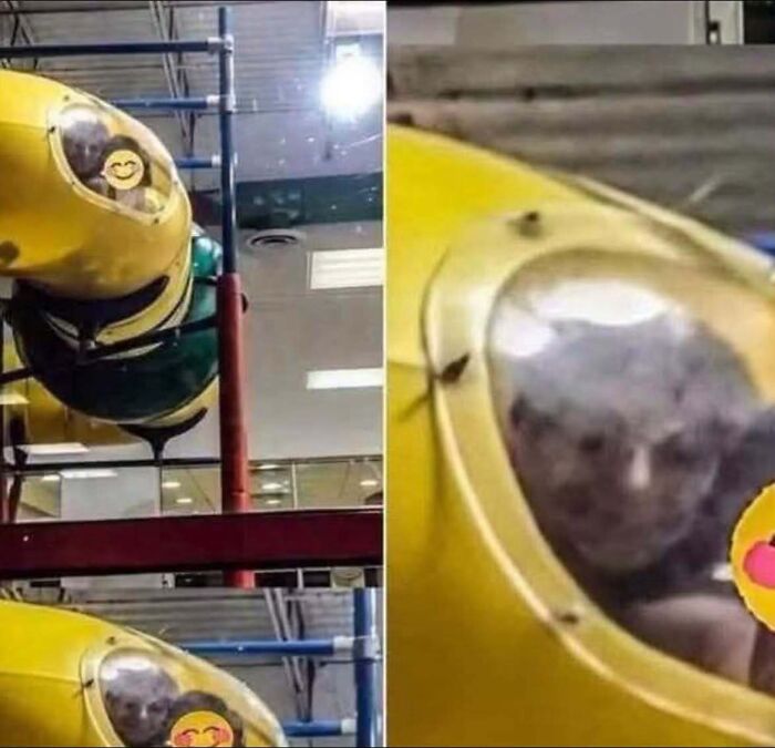 A creepy face visible inside a playground slide, fitting real-life photos like a horror movie.
