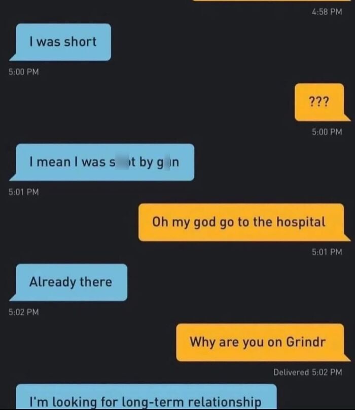 Awkward text screenshots of a dating chat where someone looking for love is texting from the hospital.