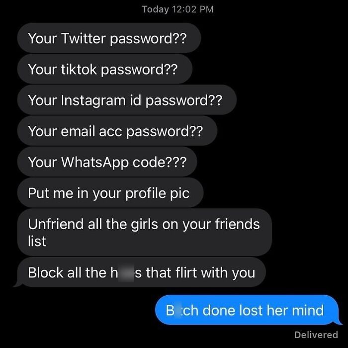 Awkward text screenshot showing an overly demanding list of social media passwords and requests