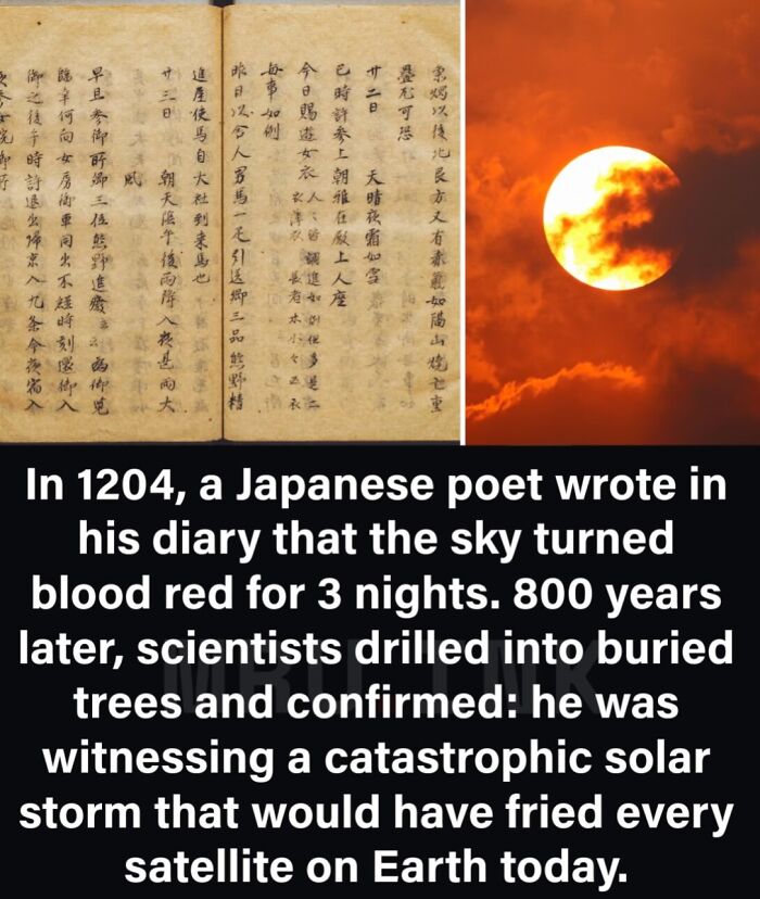 An ancient Japanese manuscript beside a red sun, representing strange photos and historical facts