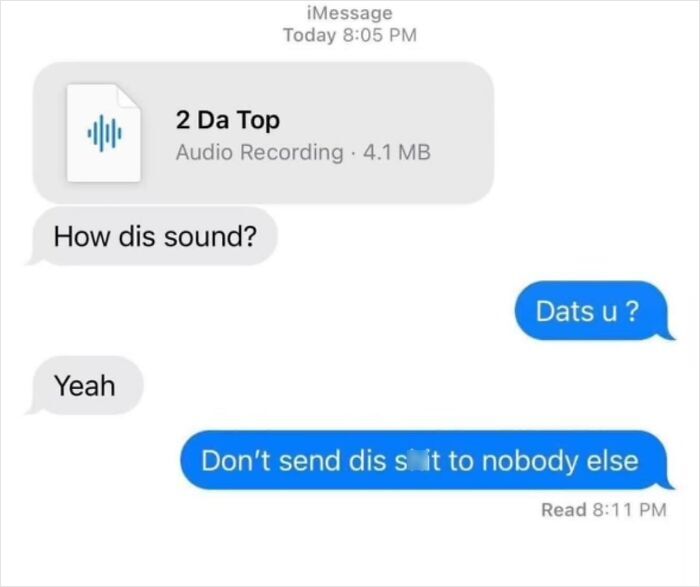 Text screenshots showing an awkward exchange where someone critiqued an audio file.