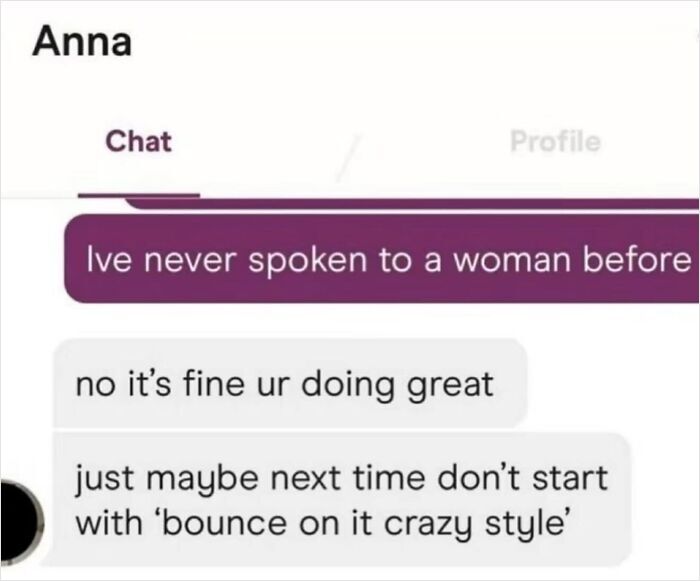 Awkward text screenshots from a chat app with an embarrassing pickup line