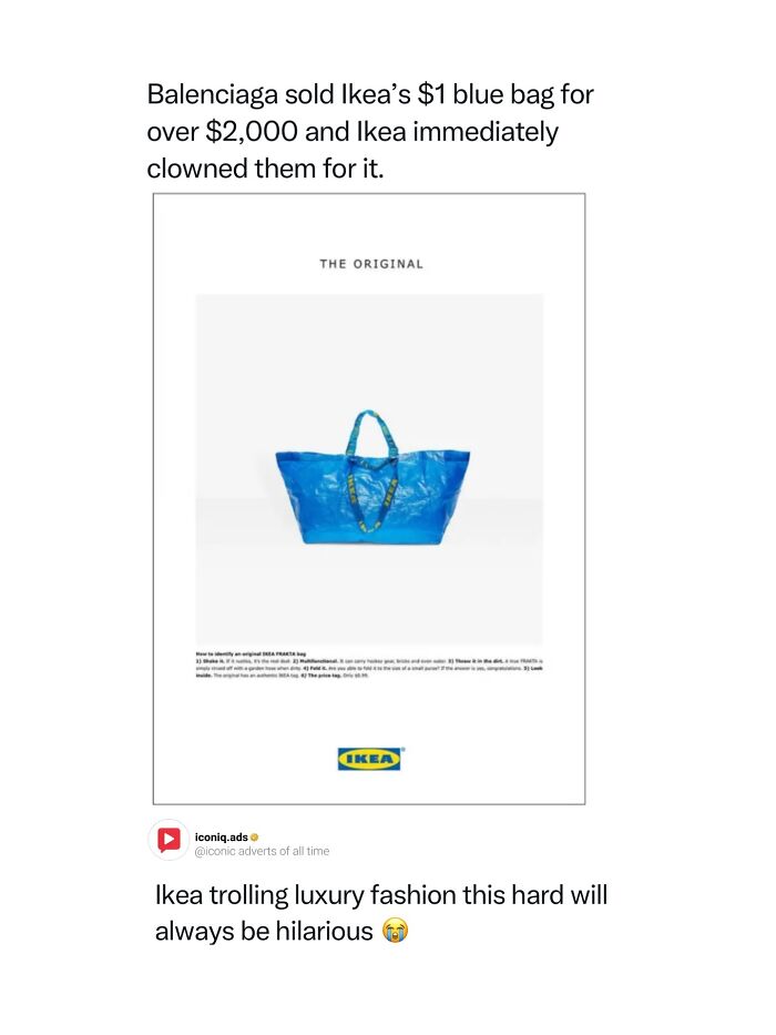 Ikea ad response to Balenciaga, showcasing iconic ads that feel like entertainment.
