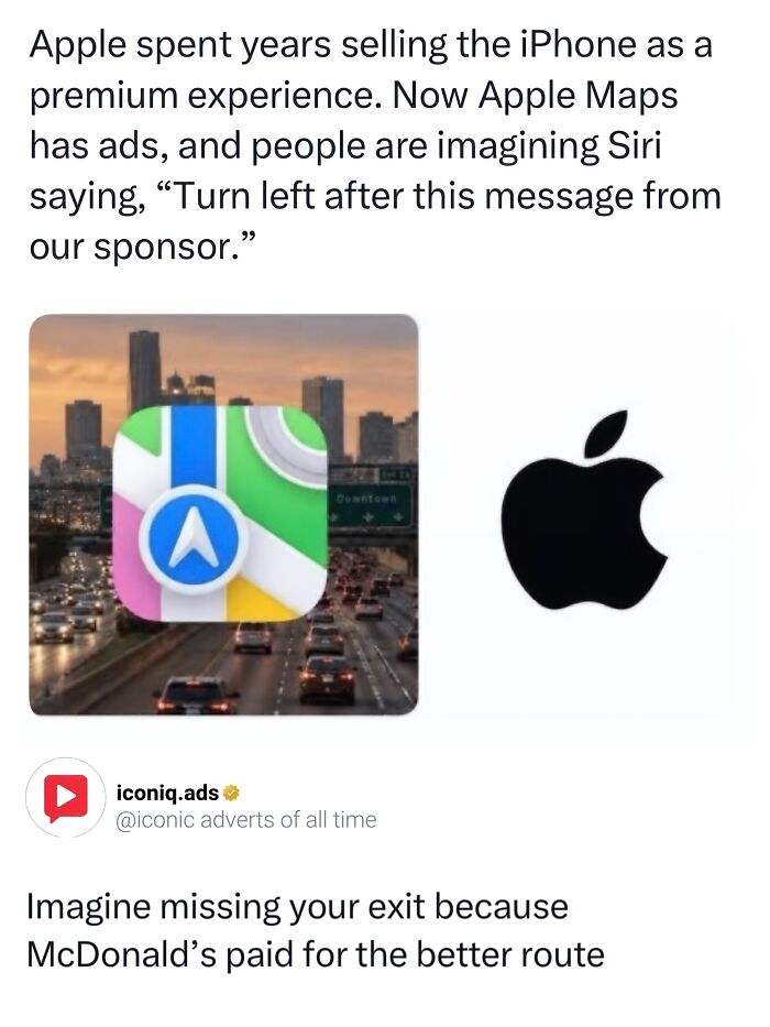 An Apple Maps icon next to the Apple logo above busy highway traffic, showcasing entertaining ads.