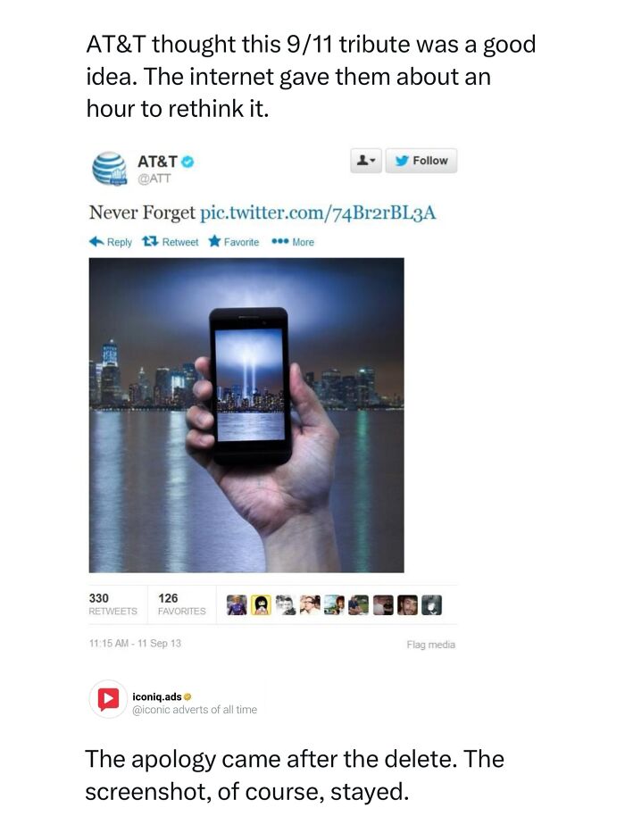 A hand holding a smartphone showing a 9/11 light tribute photo next to a city skyline, featured in entertaining ads.