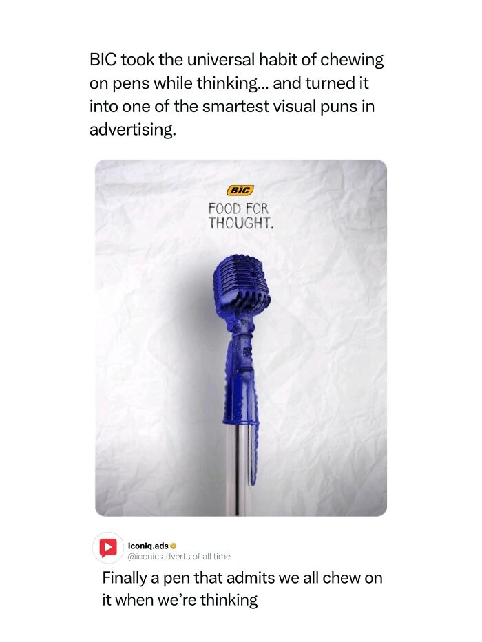BIC pen cap chewed into the shape of a microphone, featured as entertaining and iconic ads.