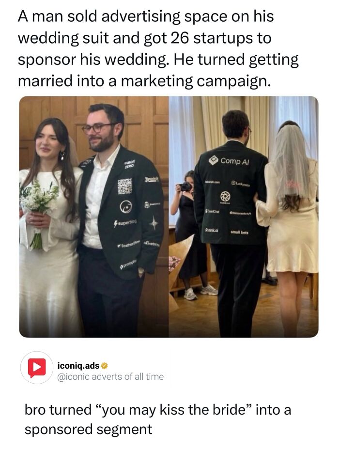 Groom wearing a suit jacket with sponsor logos, showcasing entertaining and iconic ads.