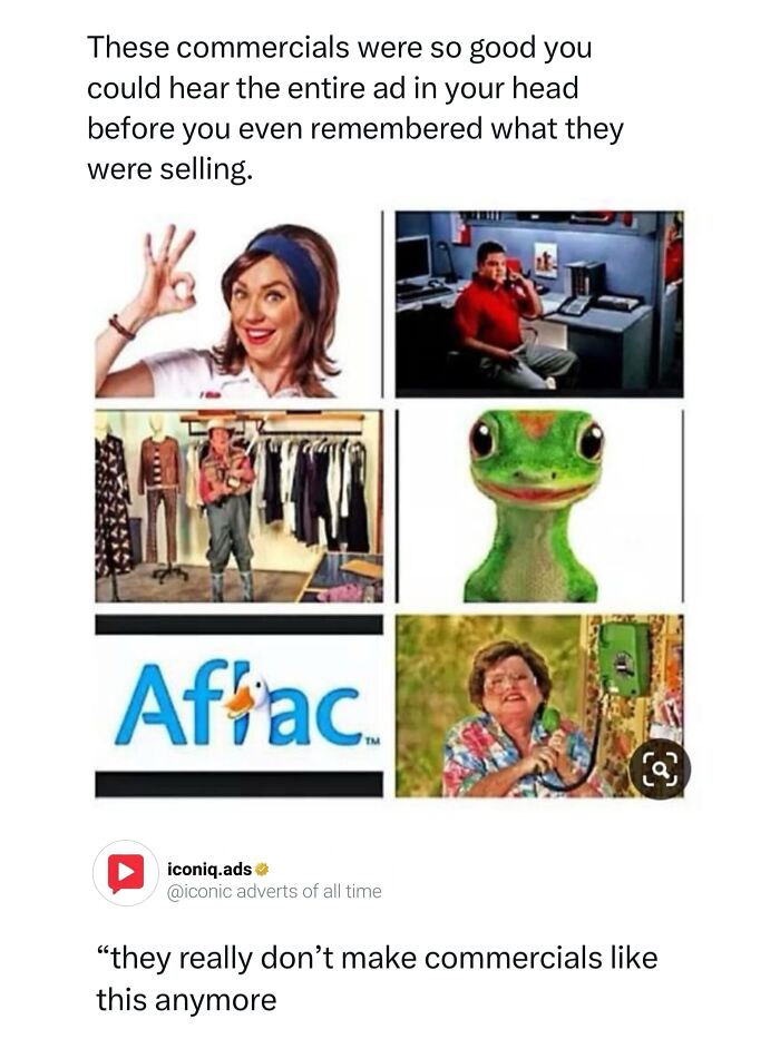 A grid of entertaining and iconic ads including Progressive Flo and the Geico Gecko.