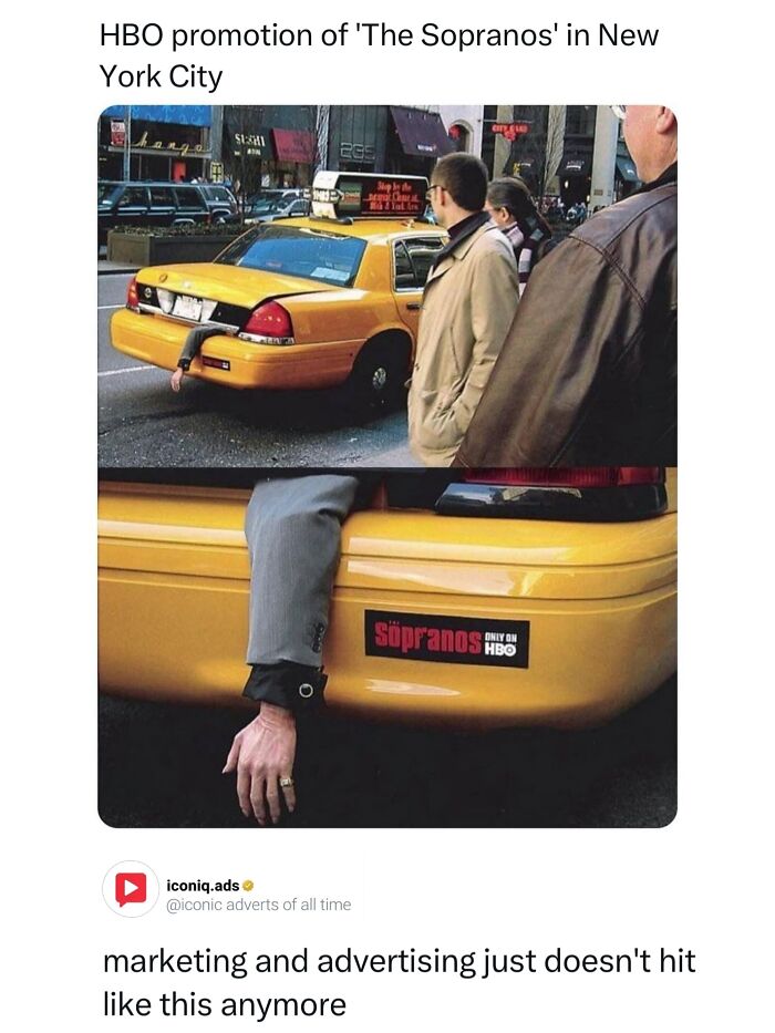 Promotional taxi stunt with fake arm hanging out of trunk created for The Sopranos as part of iconic ads.