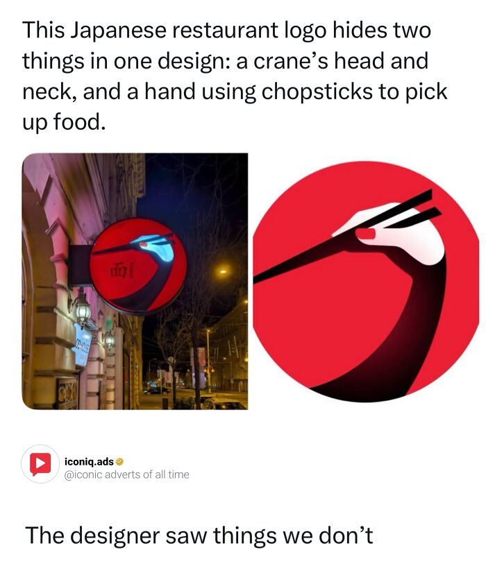 Clever Japanese restaurant logo featuring a crane and chopsticks as an example of entertaining ads and design.
