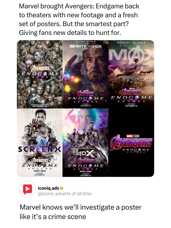 Collection of Avengers Endgame movie posters displaying iconic ads and clever promotional marketing details.