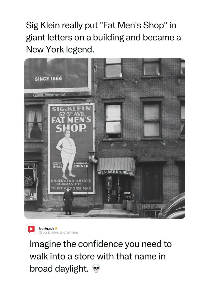 A historic black and white photo of Sig Klein's Fat Men's Shop storefront, an example of iconic ads from New York.