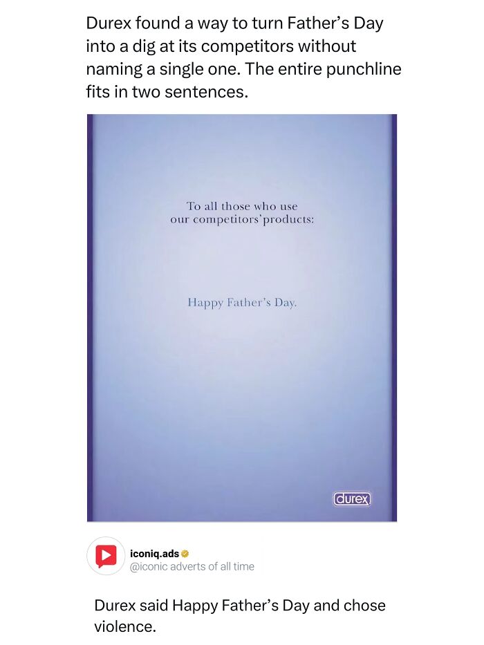 A minimal Durex print ad wishing Happy Father's Day to competitor users, showcasing iconic ads with humor.