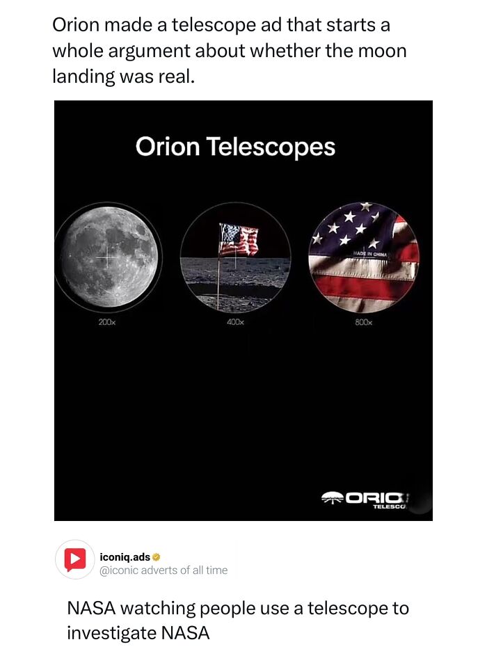 An Orion Telescopes ad showing three zoom levels on the moon, illustrating ads so entertaining and clever.