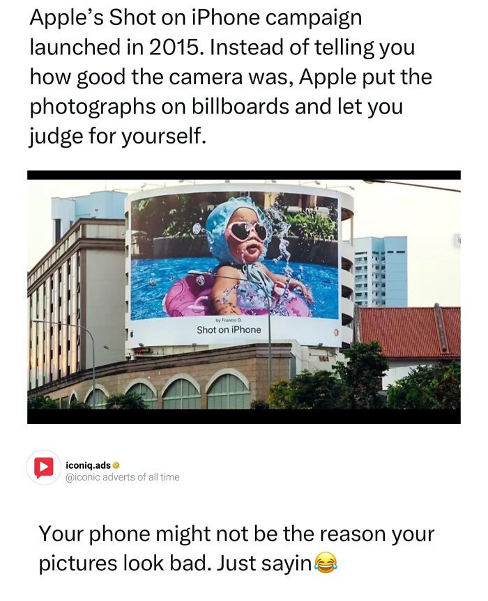 Apple Shot on iPhone billboard featuring a baby swimming in an iconic ad campaign.