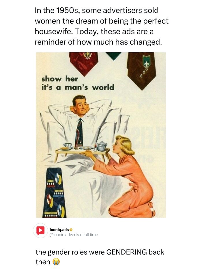 A vintage 1950s advertisement illustration depicting a woman serving a man in bed, an example of iconic ads.